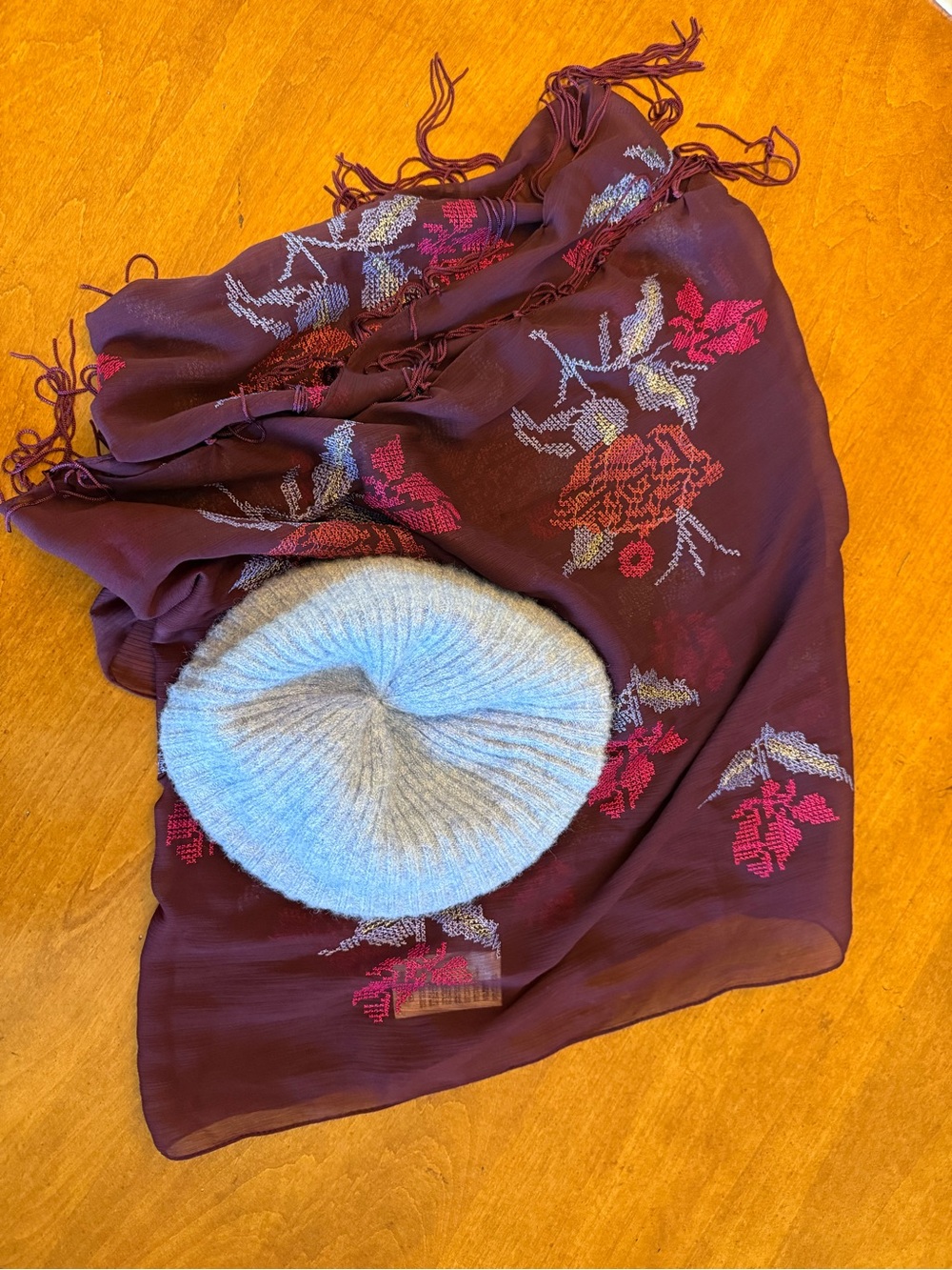 Anthropologie Soft Fuzzy Blue Knit Beret + Embroidered Floral Sheer Scarf Set